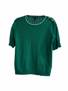 Select + Trend Short Sleeve Cable Knit Sweater Sz L Emerald Green Gold Buttons